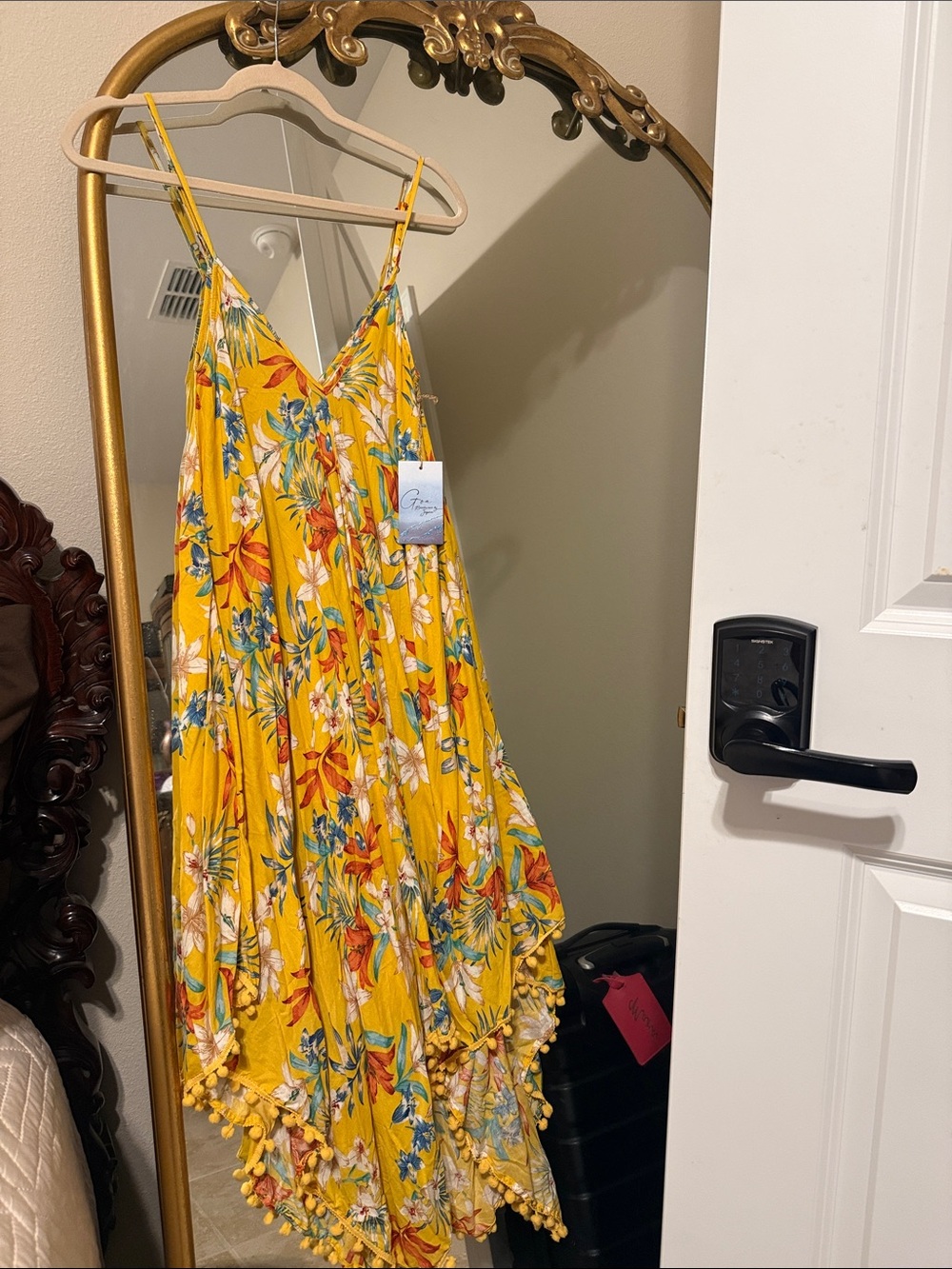 Yellow Floral High-Low Pom Pom Dress with Spaghetti Straps